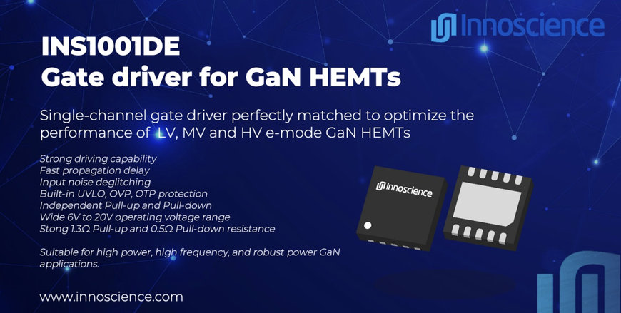 New INS1001DE GaN driver IC from Innoscience designed to drive LV, MV and HV e-mode GaN HEMTs